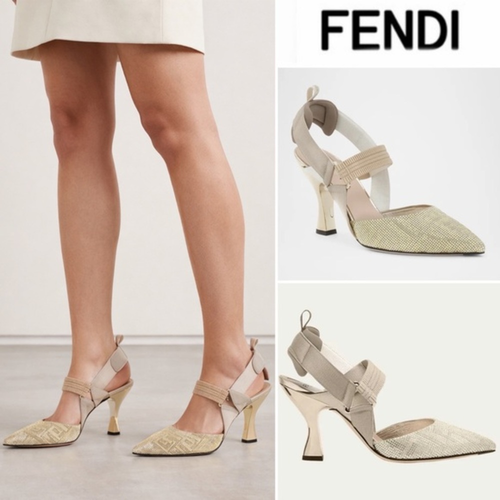 FendiColibri Crystal FF Sporty Slingback Pumps Beige Cream Heels NWT $1300